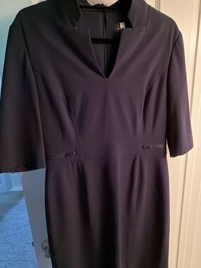 Tahari Navy V-Notch Midi Dress